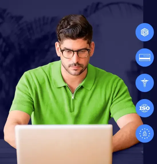 Man using NordLayer with ISO, GDPR, HIPAA, SOC 2, PCI DSS compliance