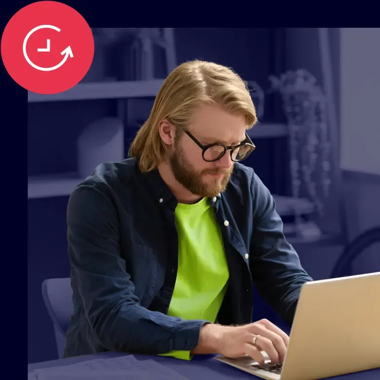 Person using laptop with icon representing automatic logout