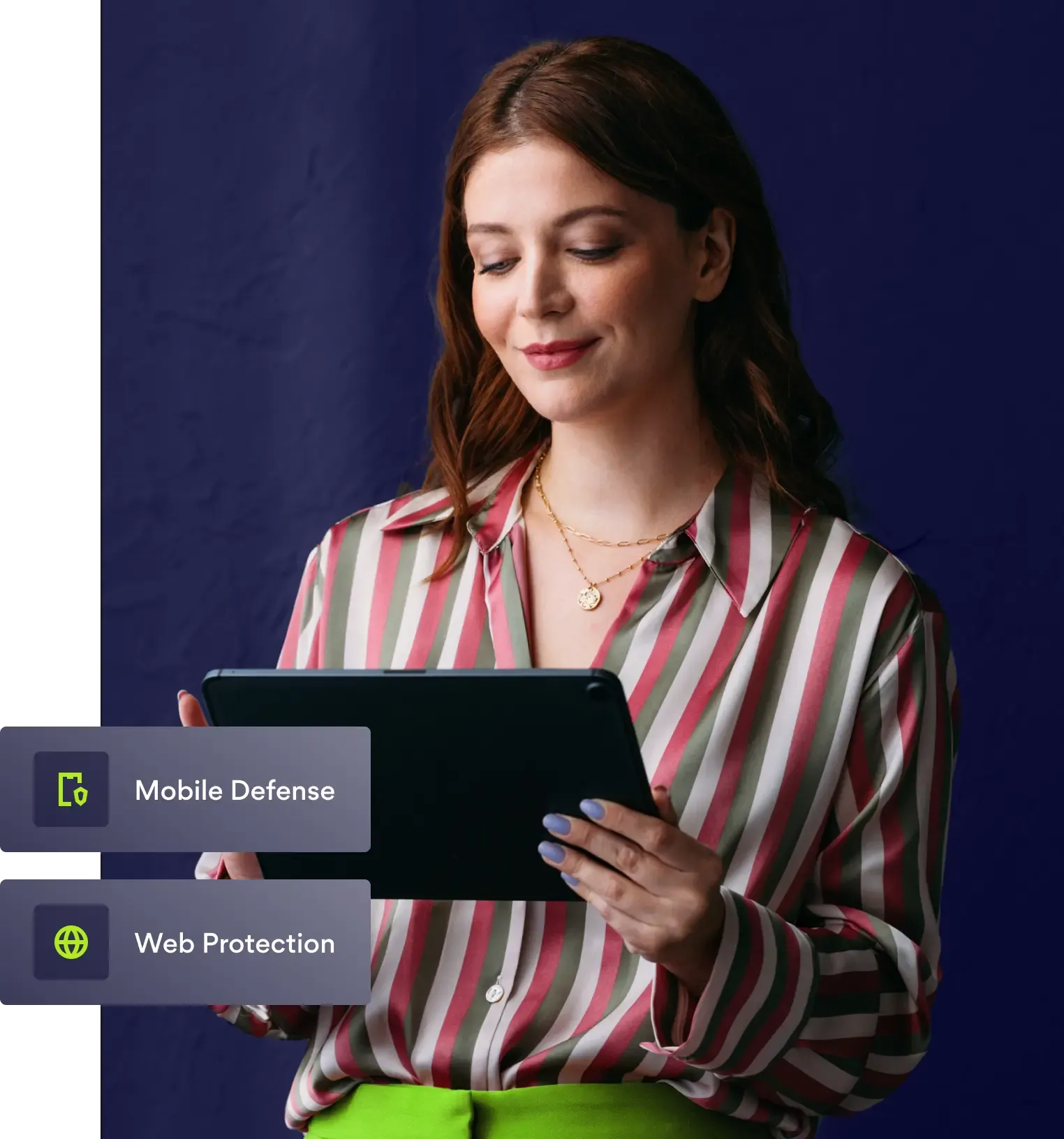 Woman accessing Mobile Defense and Web Protection features on tablet device