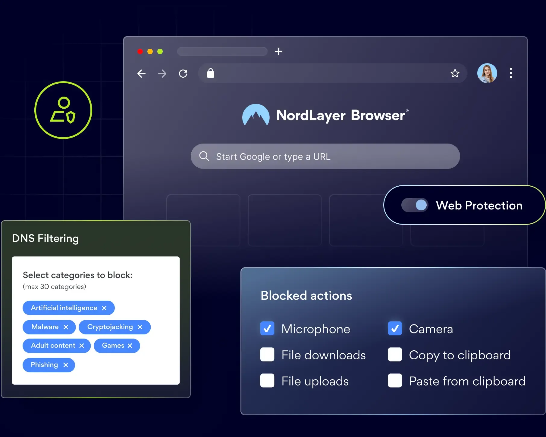 NordLayer Browser with DNS filtering and blocked actions controls