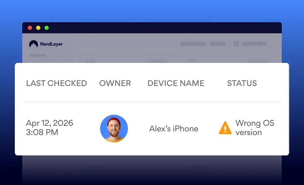 Device security management panel showing iPhone with OS version warning, owner details, and last checked date