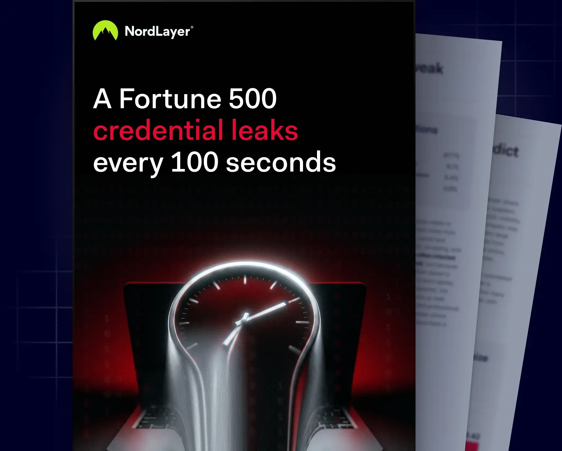 NordLayer Fortune 500 credential leaks report cover with glowing speedometer