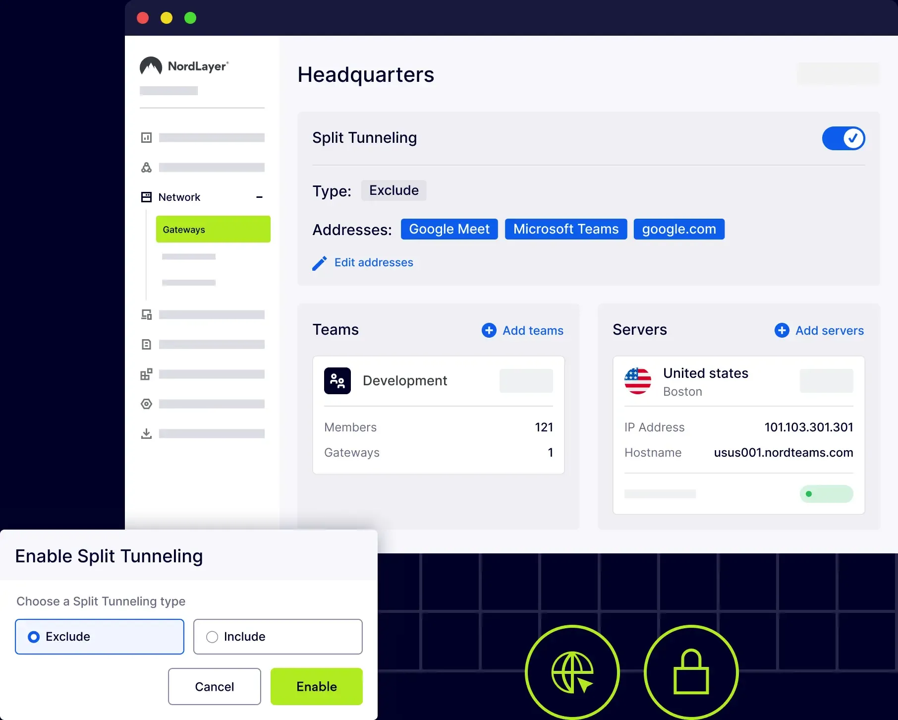 NordLayer gateway page showing teams, servers and split tunneling settings excluding Google Meet and Microsoft Teams