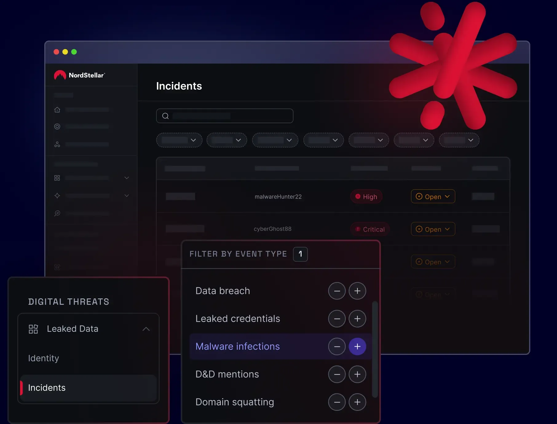 NordLayer Intelligence incidents dashboard filtering malware infections from event types menu