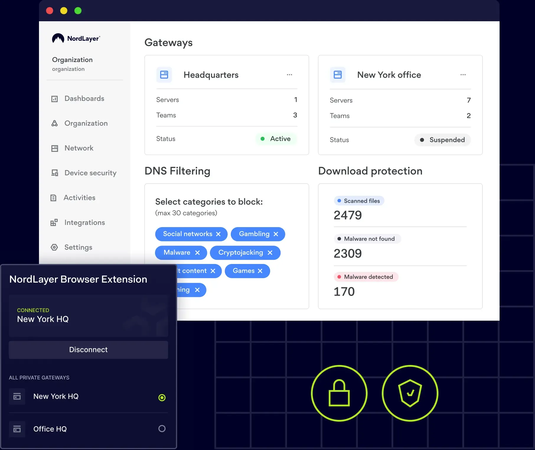 NordLayer network security dashboard showing gateway status and filtering options