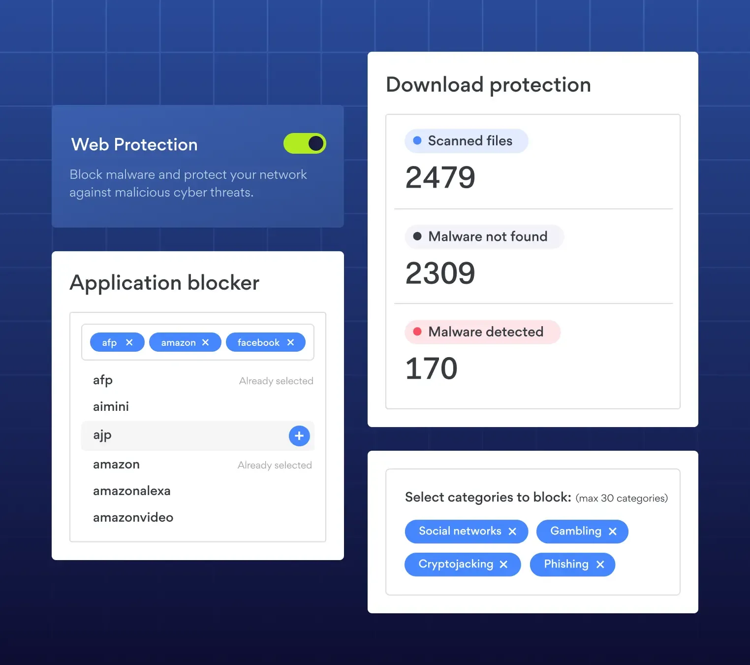 NordLayer security dashboard showing web protection toggle, application blocker for specific apps, and download protection stats
