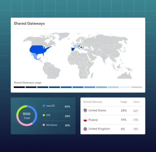 NordLayer Shared Gateways showing global usage map and device analytics