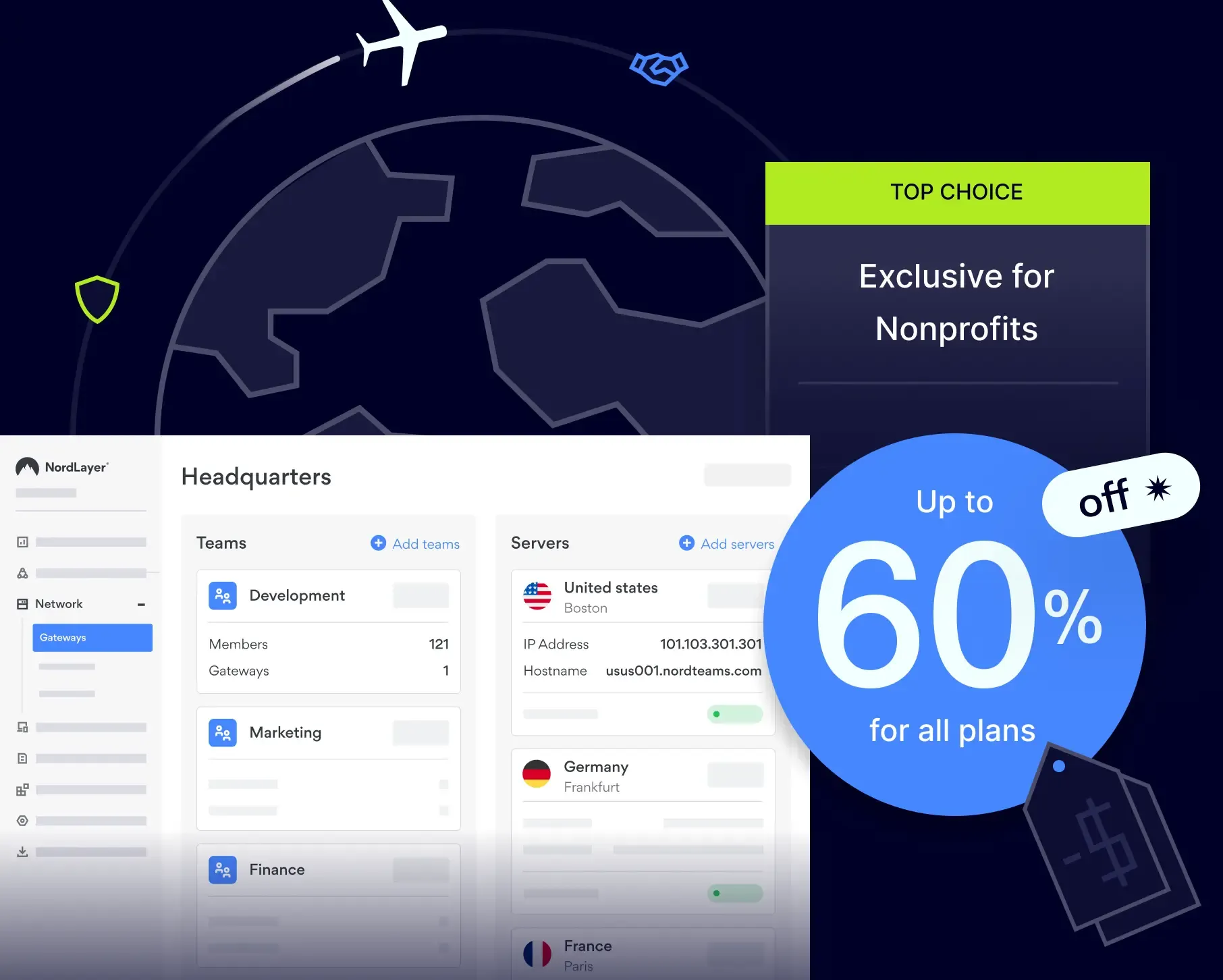 NordLayer VPN dashboard showing up to 60% off for nonprofit organizations with global server locations