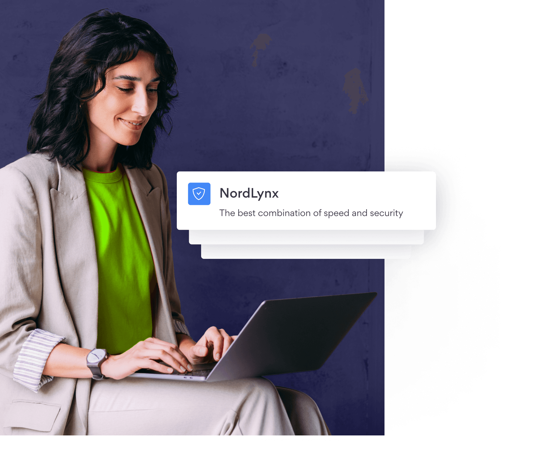 Woman using laptop with NordLynx speed and security notification.