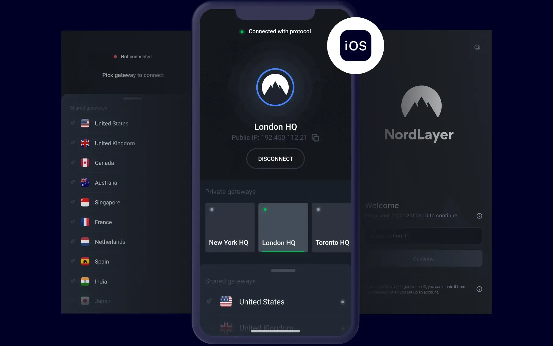 NordVPN app interface showing iOS device connected to London HQ server with country selection menu