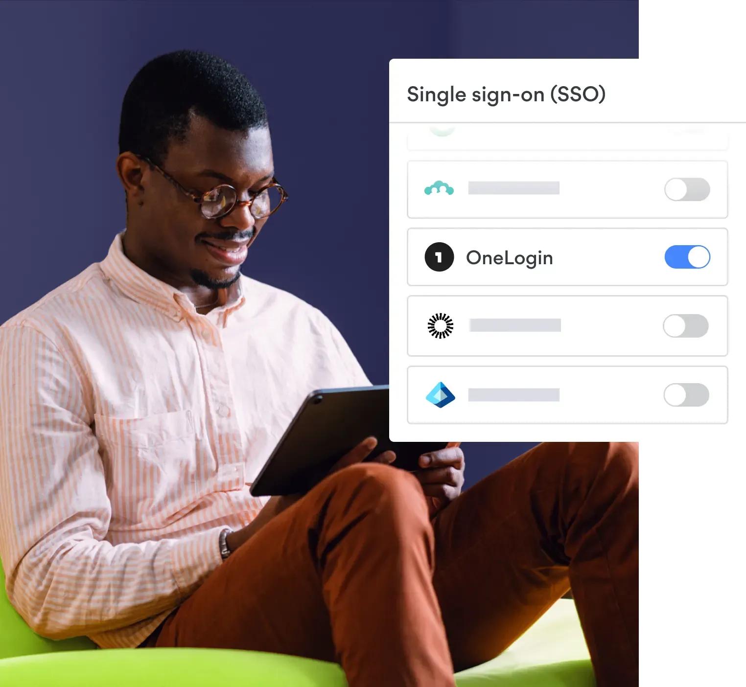 OneLogin SSO toggle enabled in single sign-on settings panel