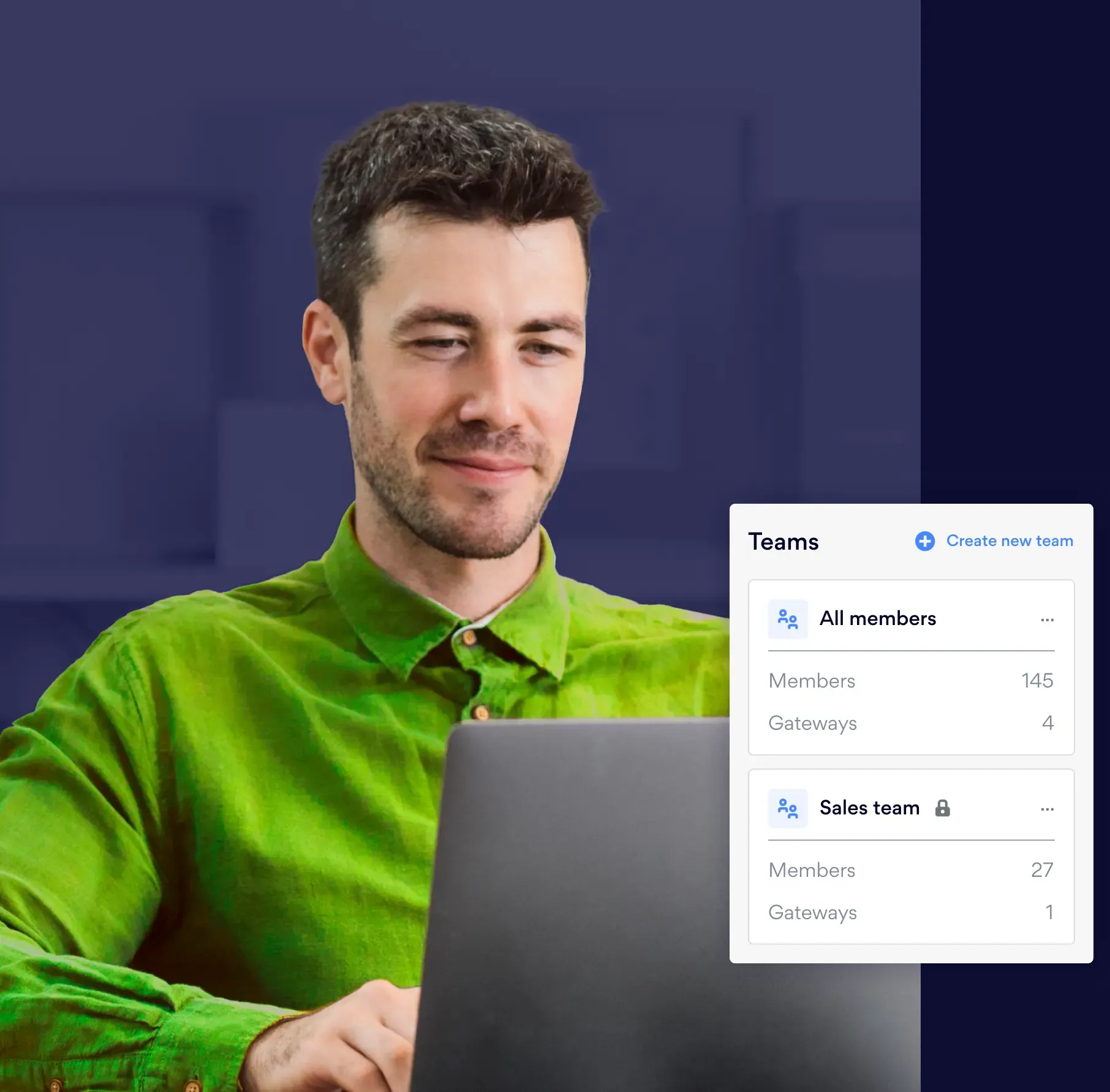 Person in green shirt using laptop with teams dashboard overlay