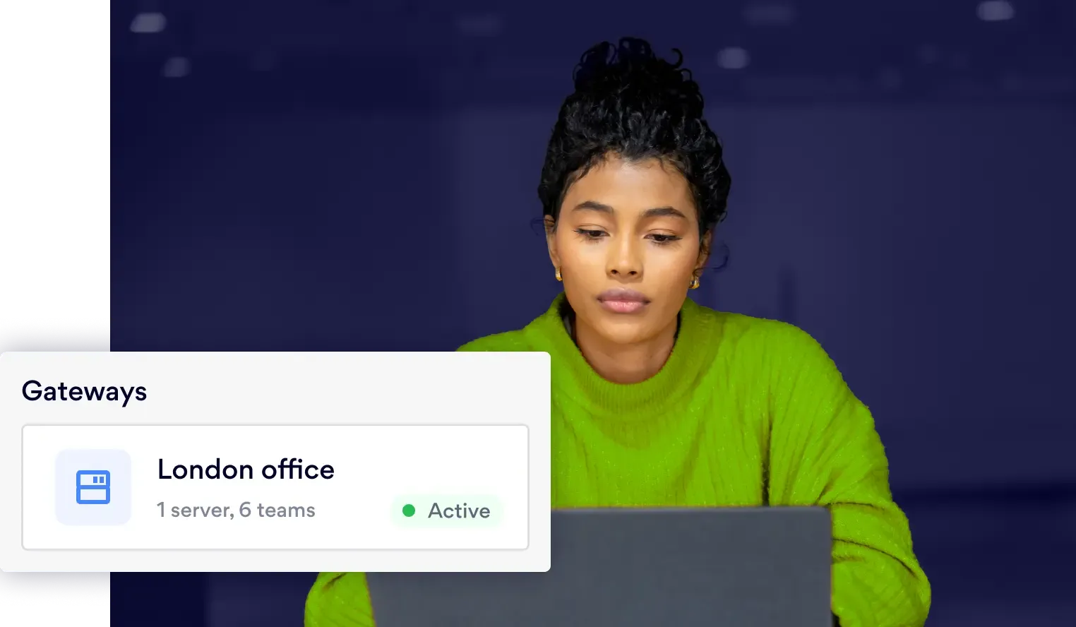 Person using laptop with NordLayer gateway status for London office displayed.