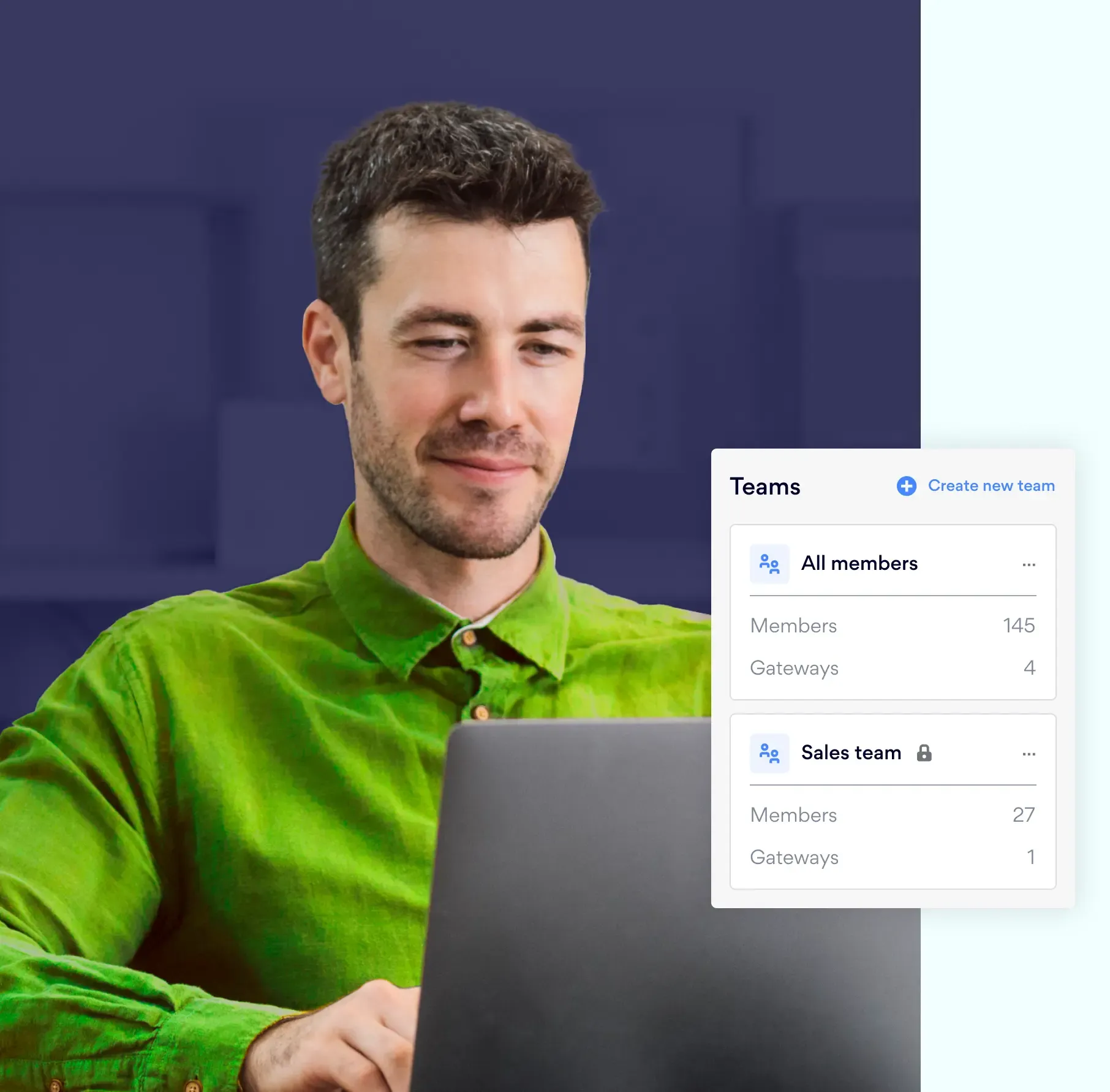 Person using laptop with Teams interface showing member groups and statistics
