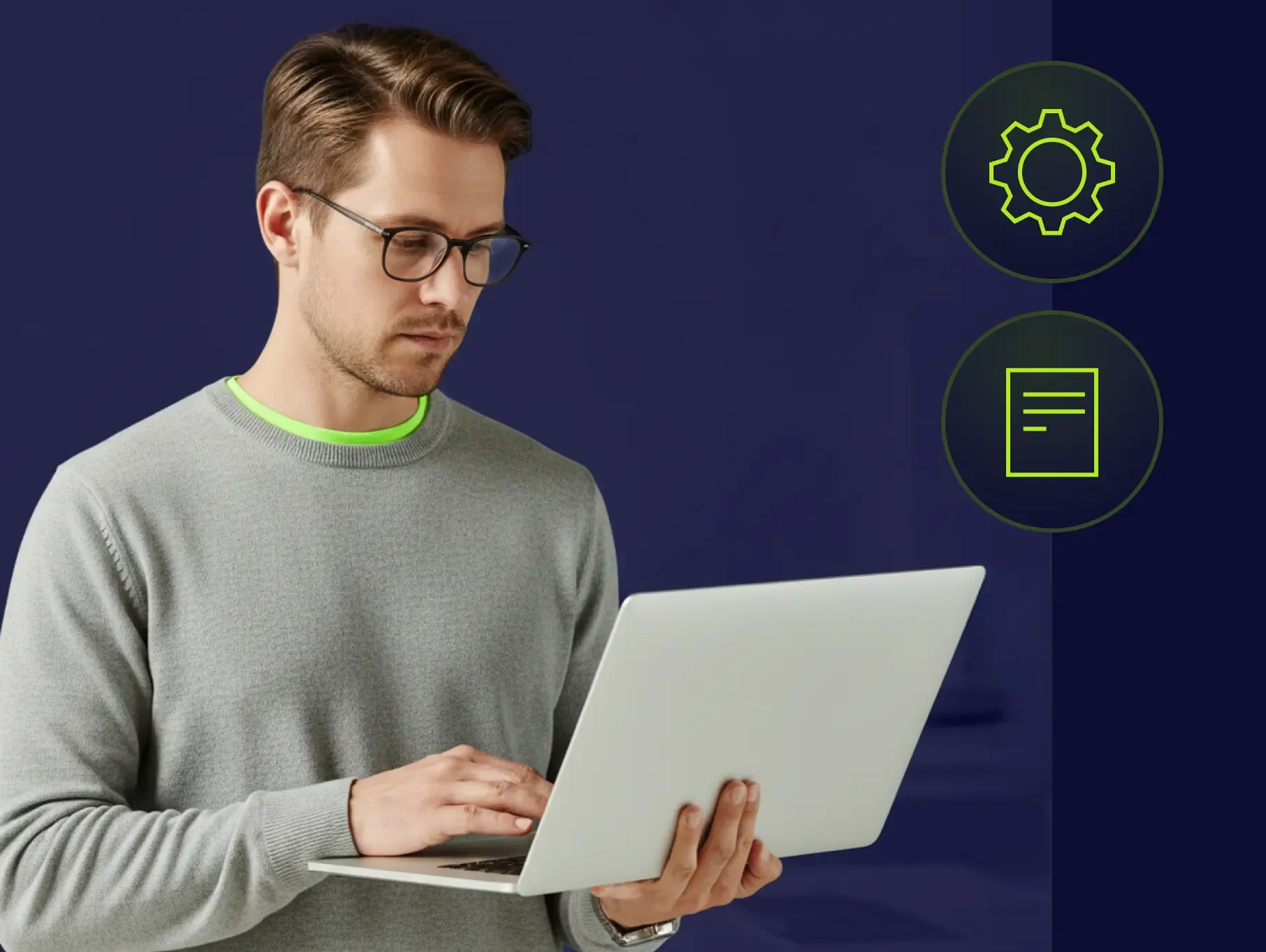 Professional configuring laptop settings with gear and document icons