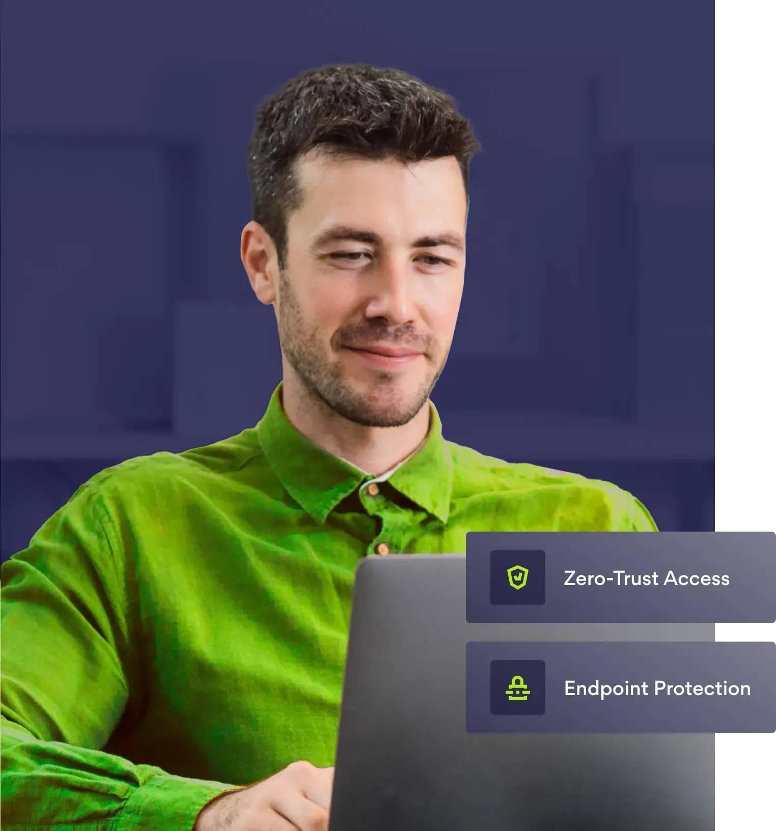 Professional displaying Zero Trust Access and Endpoint Protection security badges