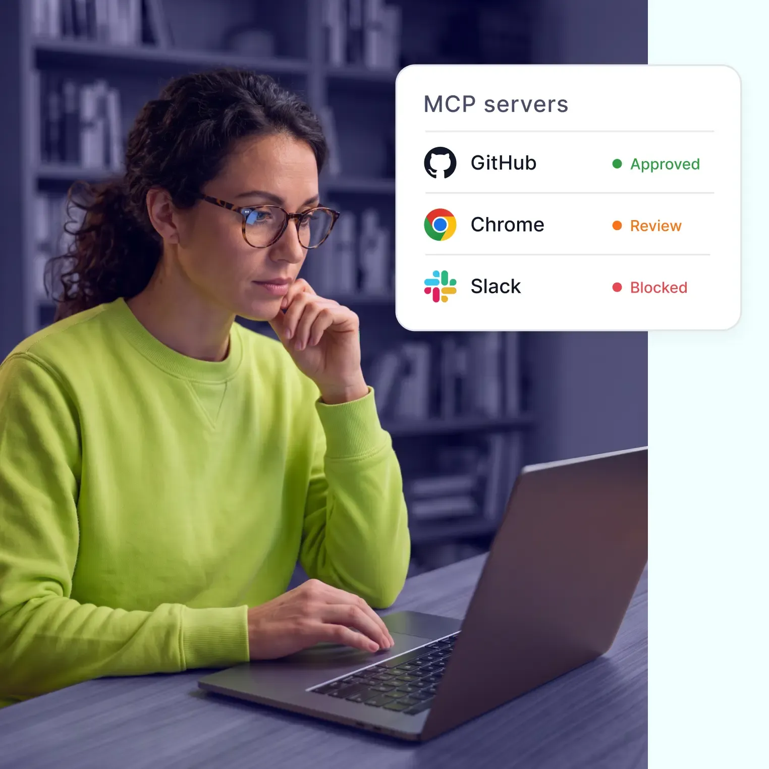 Professional reviewing MCP server status: GitHub approved, Chrome under review, Slack blocked