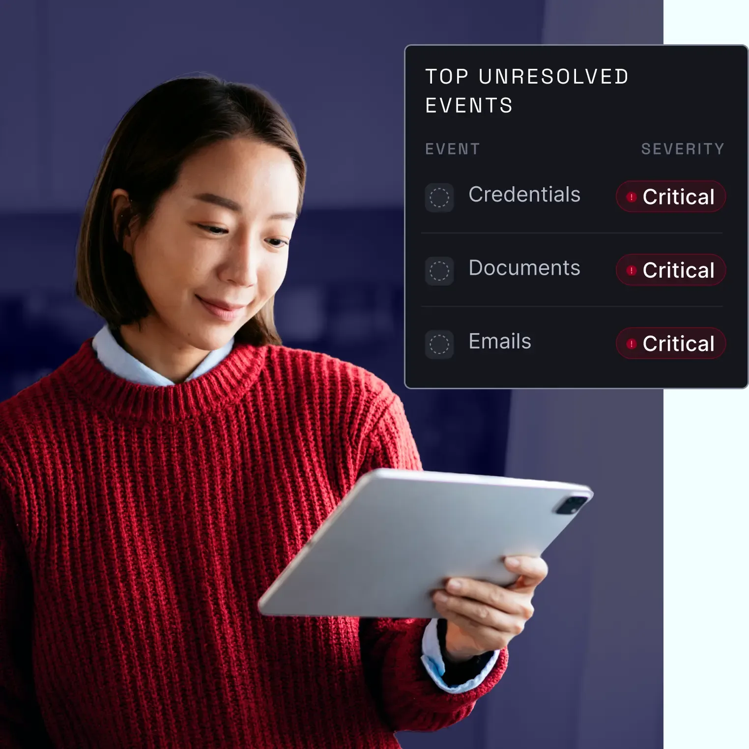 Professional reviewing tablet with critical security events dashboard overlay display
