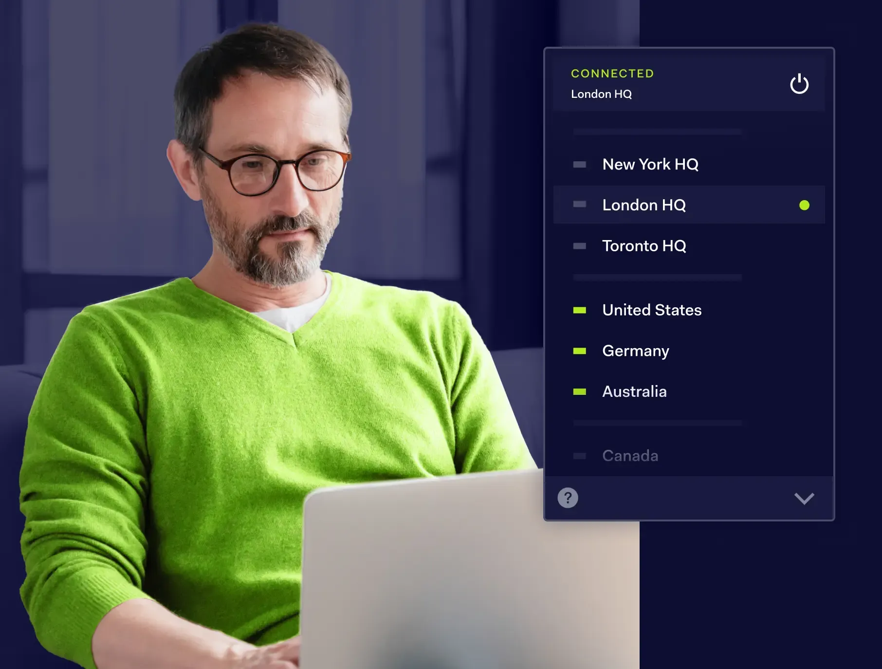 Professional using laptop with NordLayer interface showing connected London HQ and available global servers.