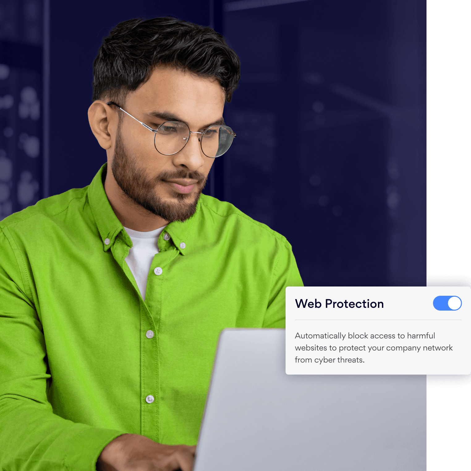 Professional using laptop with Web Protection toggle enabled for network security