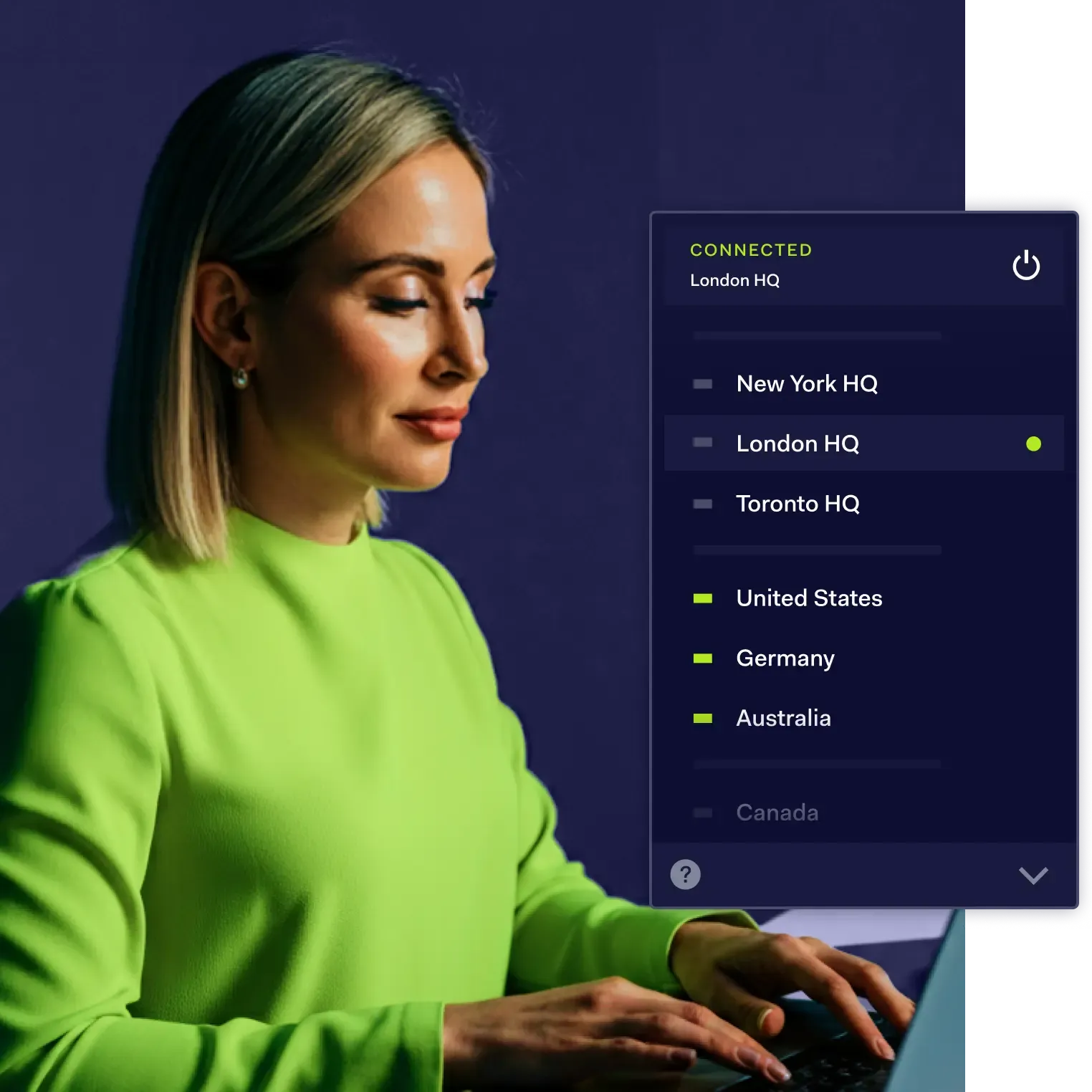 Professional using NordLayer's secure connection interface with access to global locations while working on laptop.