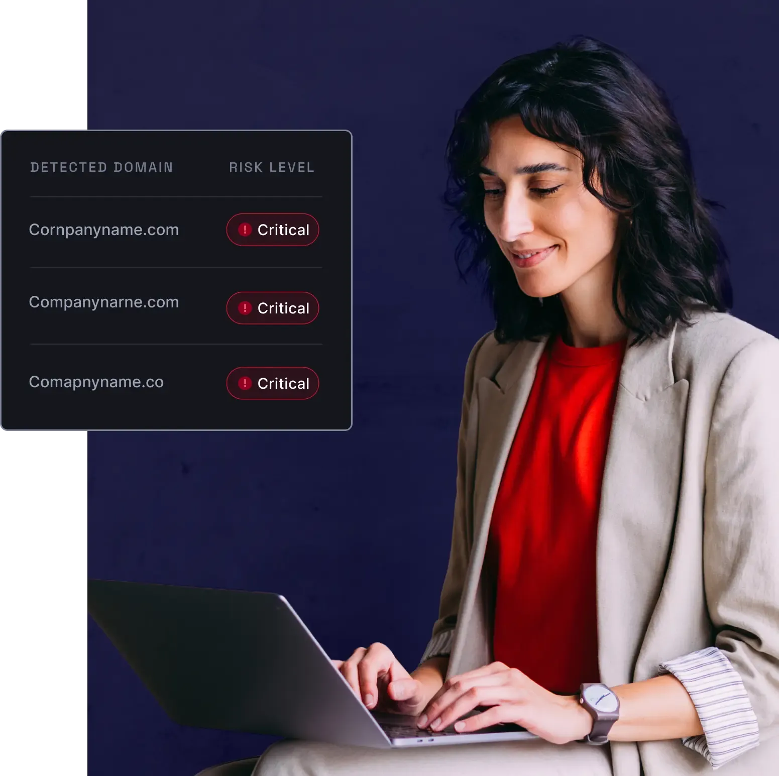 Professional woman reviewing critical domain threats on laptop with security dashboard