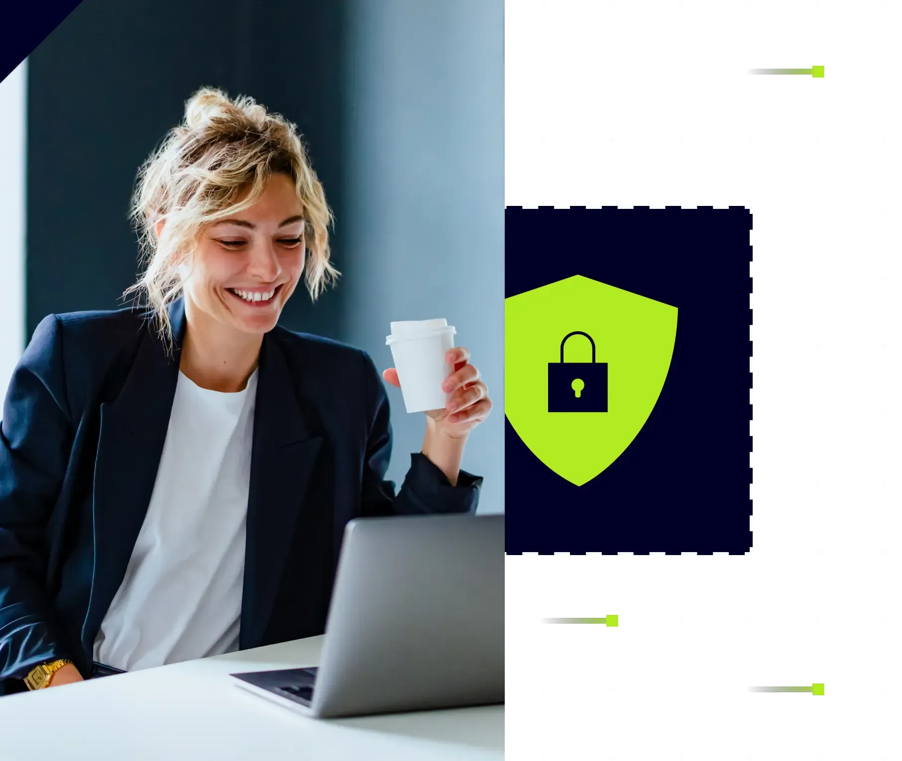 Professional woman using laptop with cybersecurity shield and lock icon illustration