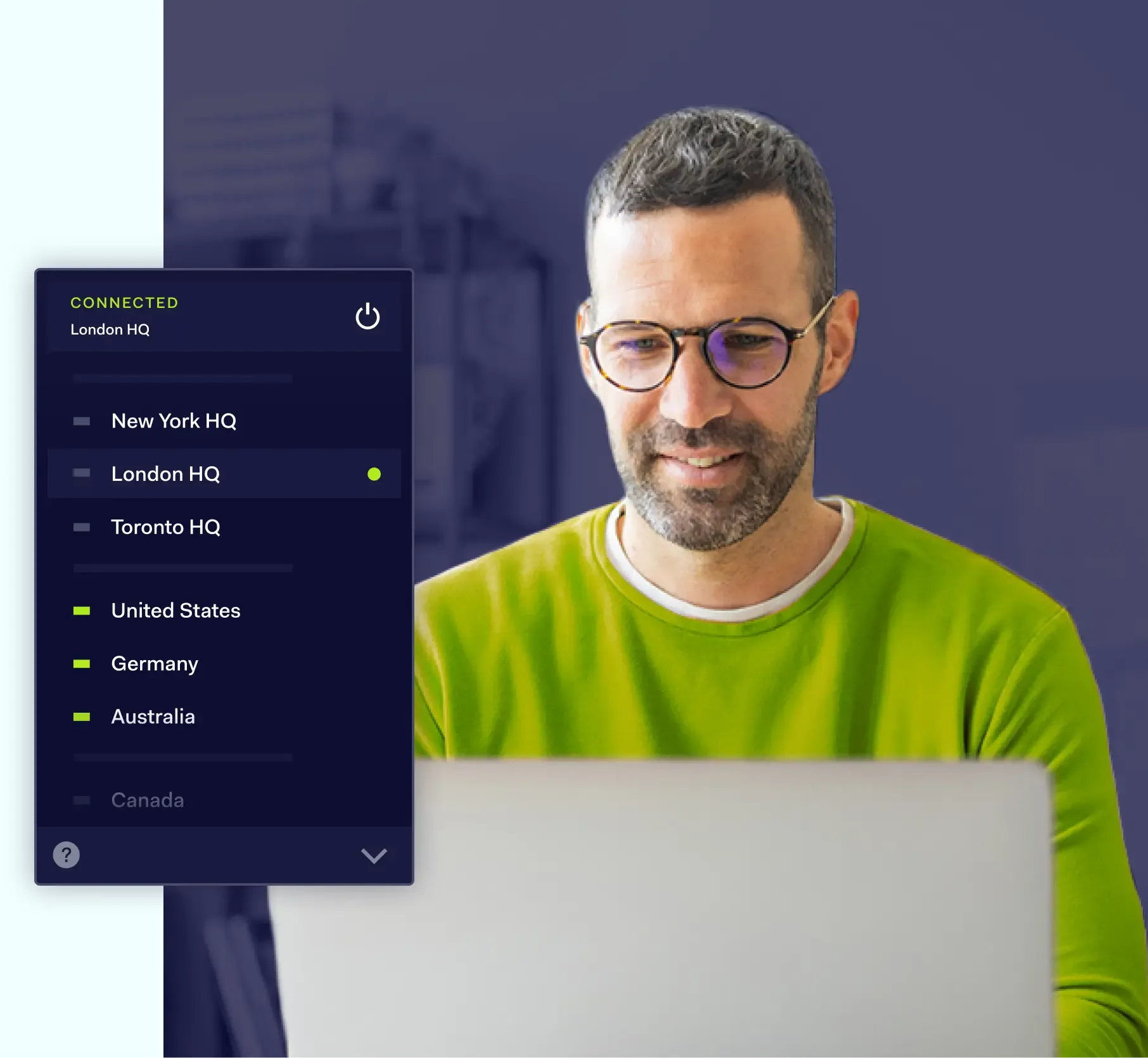 Professional working on laptop with VPN interface displaying server locations including New York, London, Toronto, and Germany