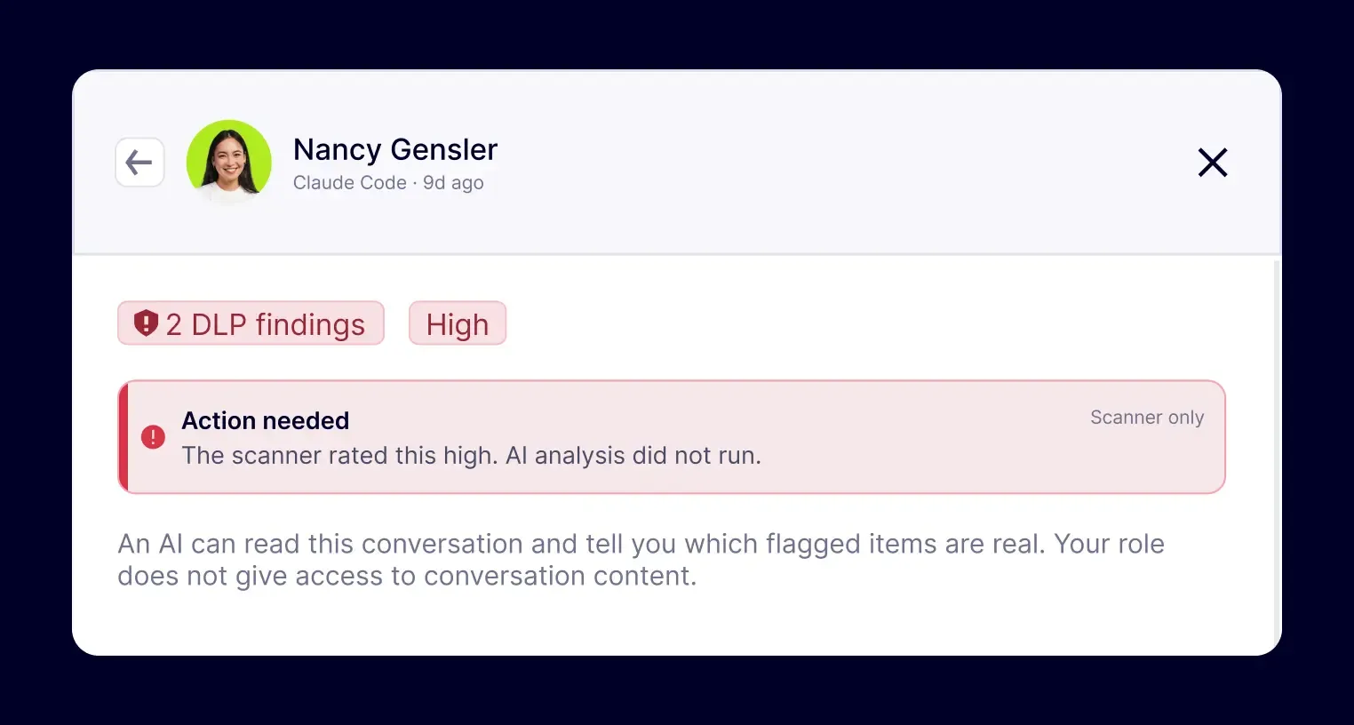 Security alert showing high-risk DLP findings for Claude Code user requiring action