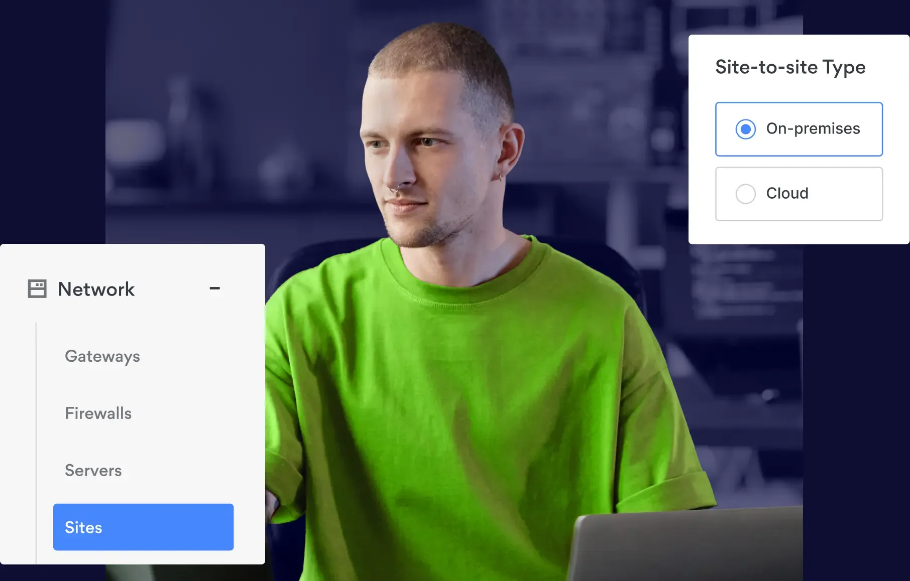 Person using NordLayer dashboard with 'Sites' selected and 'On-premises' toggle active.