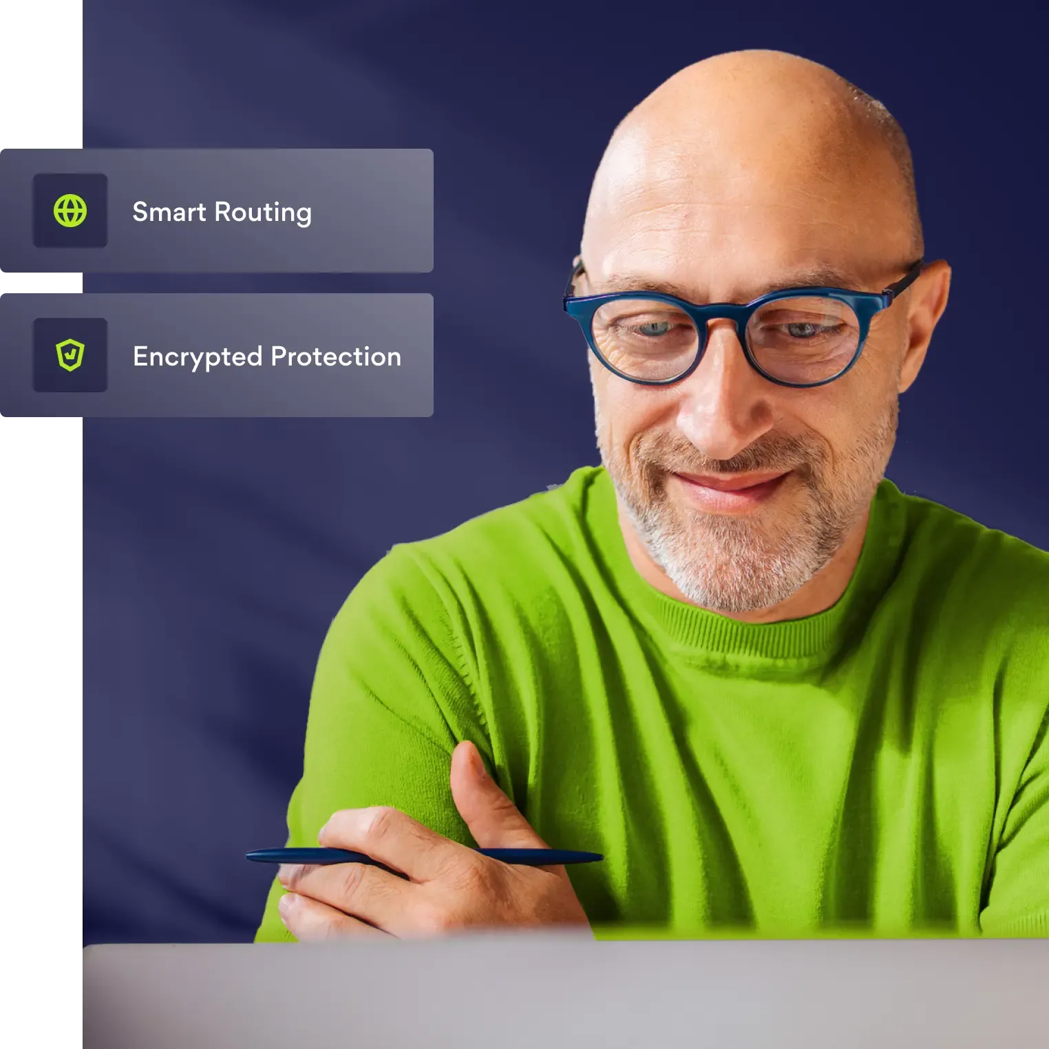 Smiling professional at laptop with Smart Routing and Encrypted Protection features highlighted