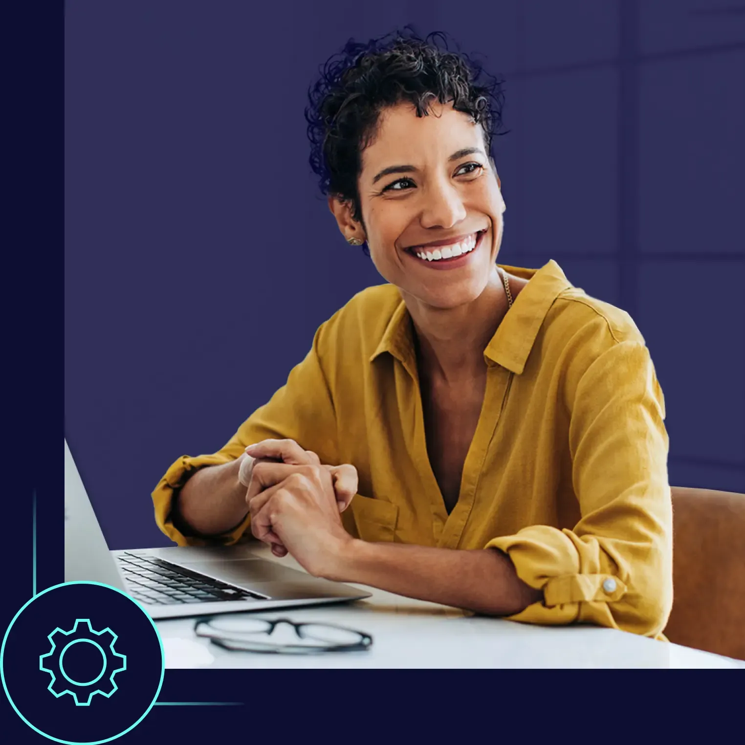 Smiling woman at laptop with graphic design editing interface and tools overlay
