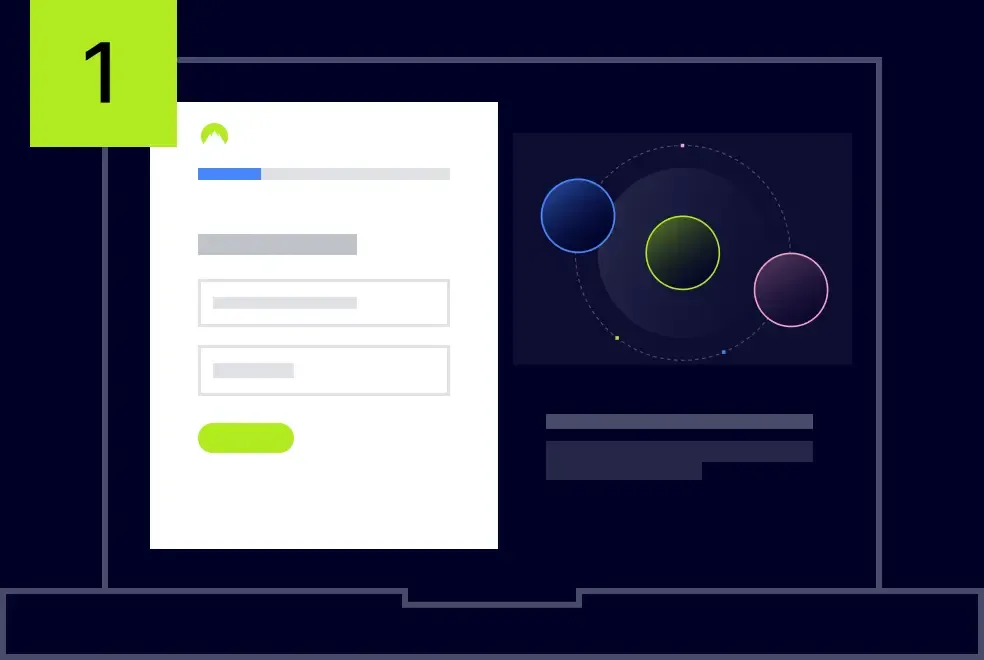 Step one diagram showing login form and network nodes on computer monitor