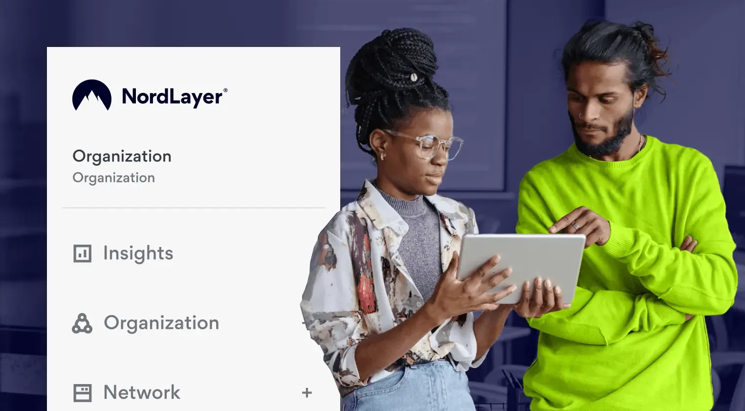 Two colleagues collaborating with tablet and NordLayer organization settings menu interface