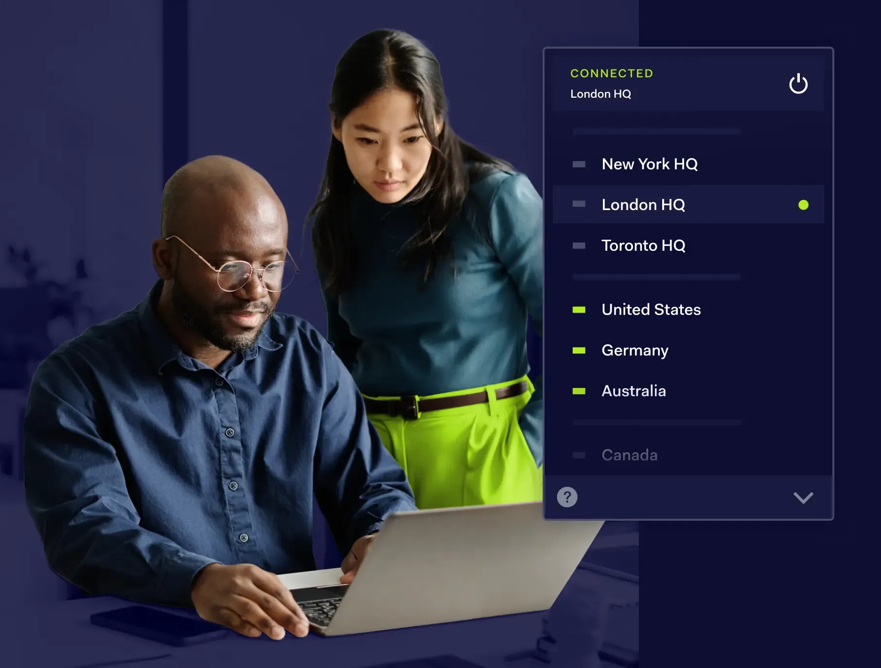 Two colleagues using the NordLayer app connected to a private gateway