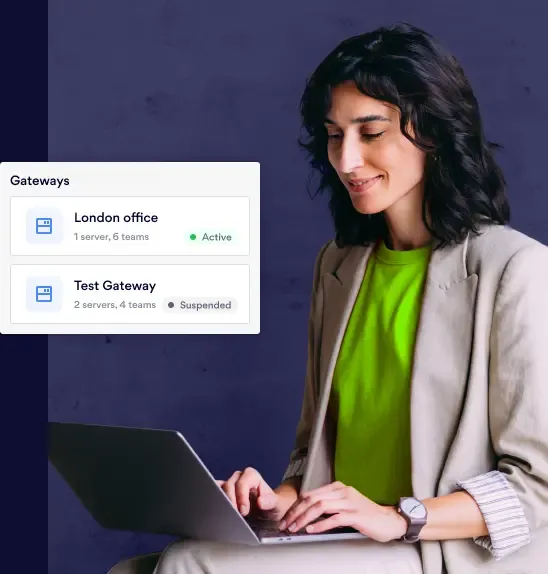Woman controlling internal tool access using NordLayer Gateways