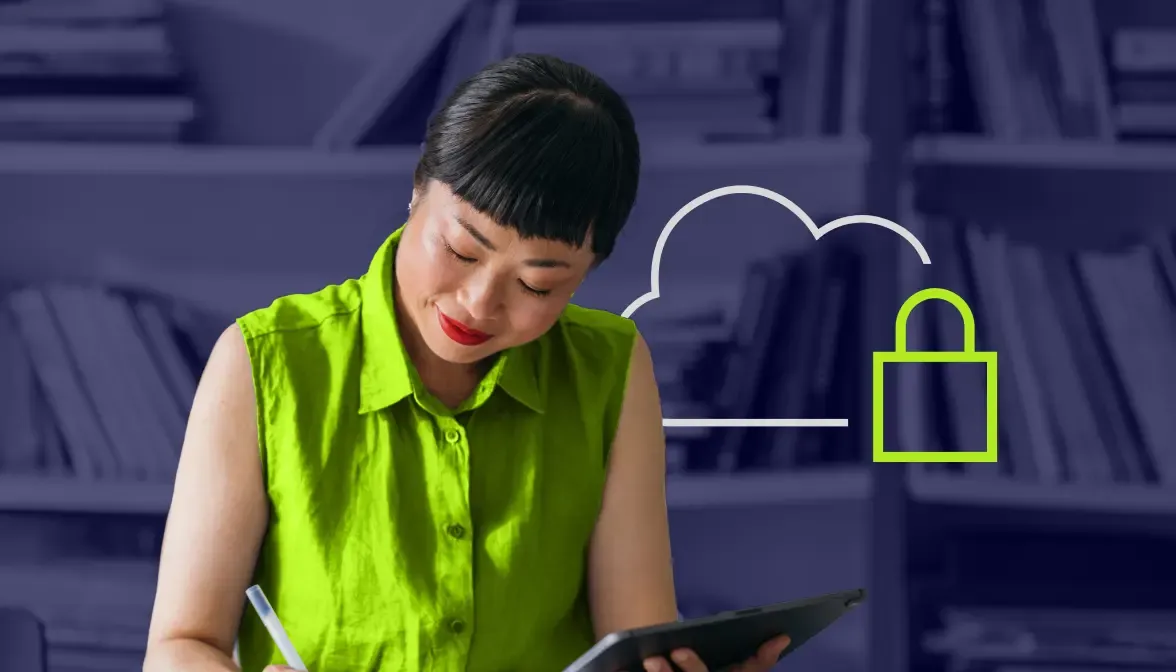 Woman in green using tablet with cloud security padlock icon graphic beside her
