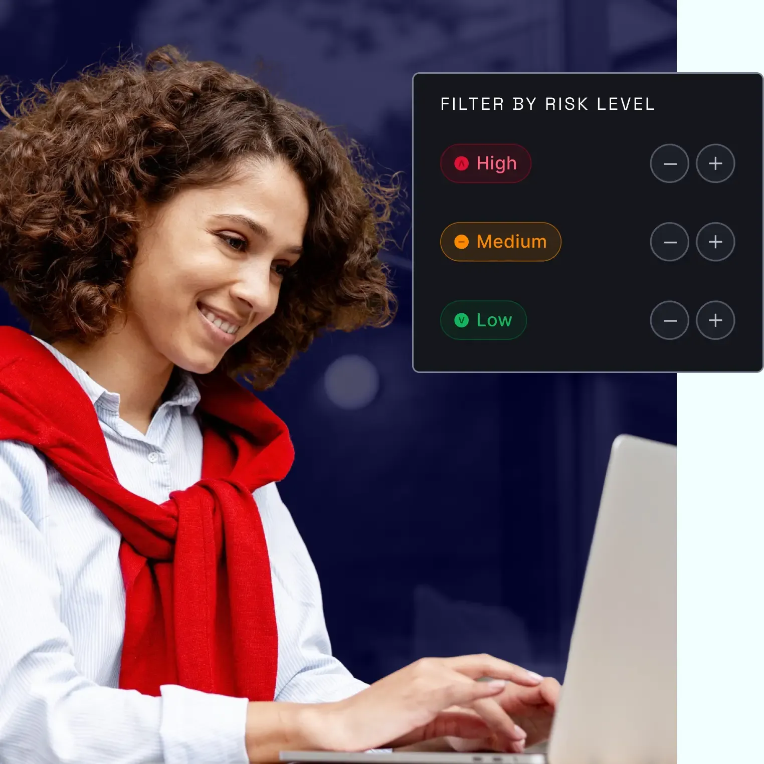 woman on laptop checking dashboard with filter by risk level panel with High, Medium, and Low severity options for incident filtering