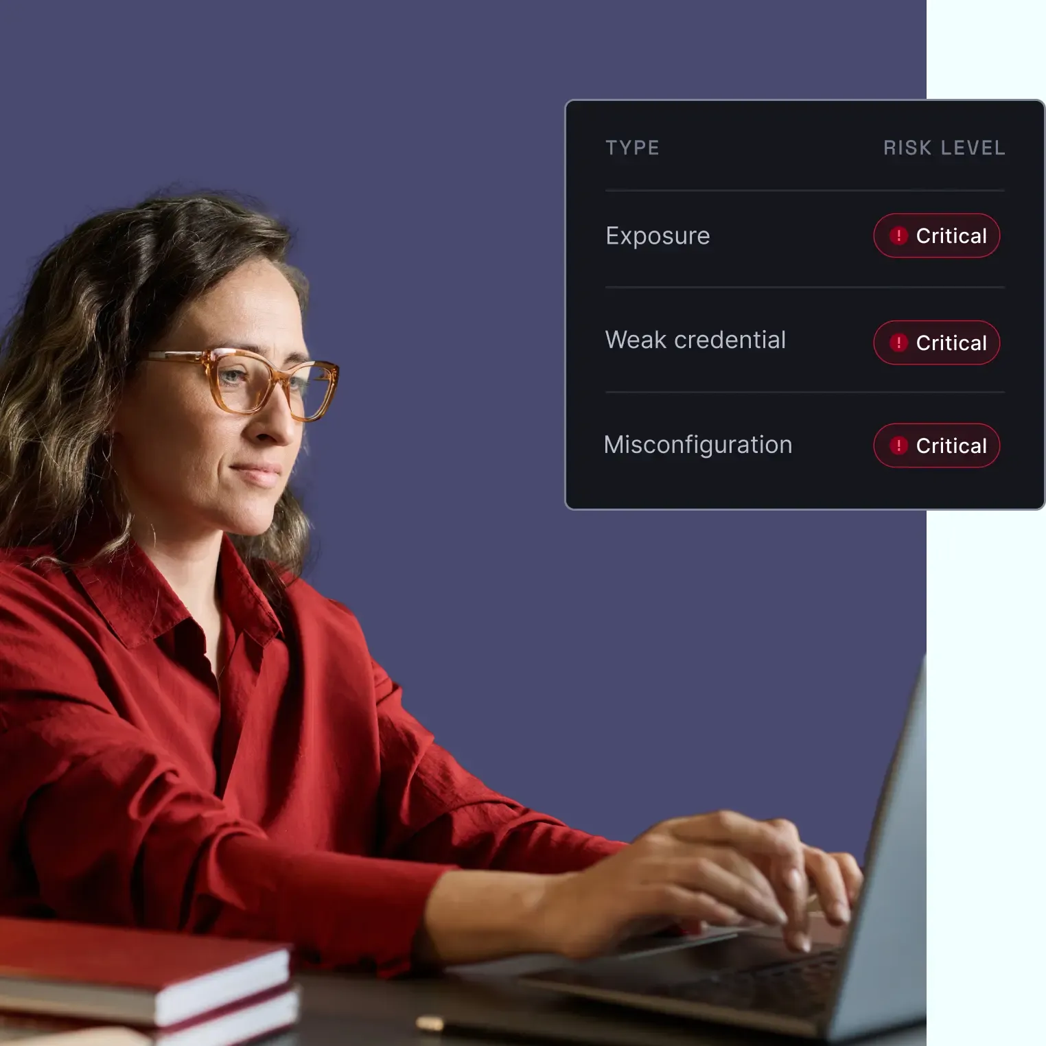 Woman on laptop reviewing critical security risks: exposure, weak credentials, and misconfiguration alerts