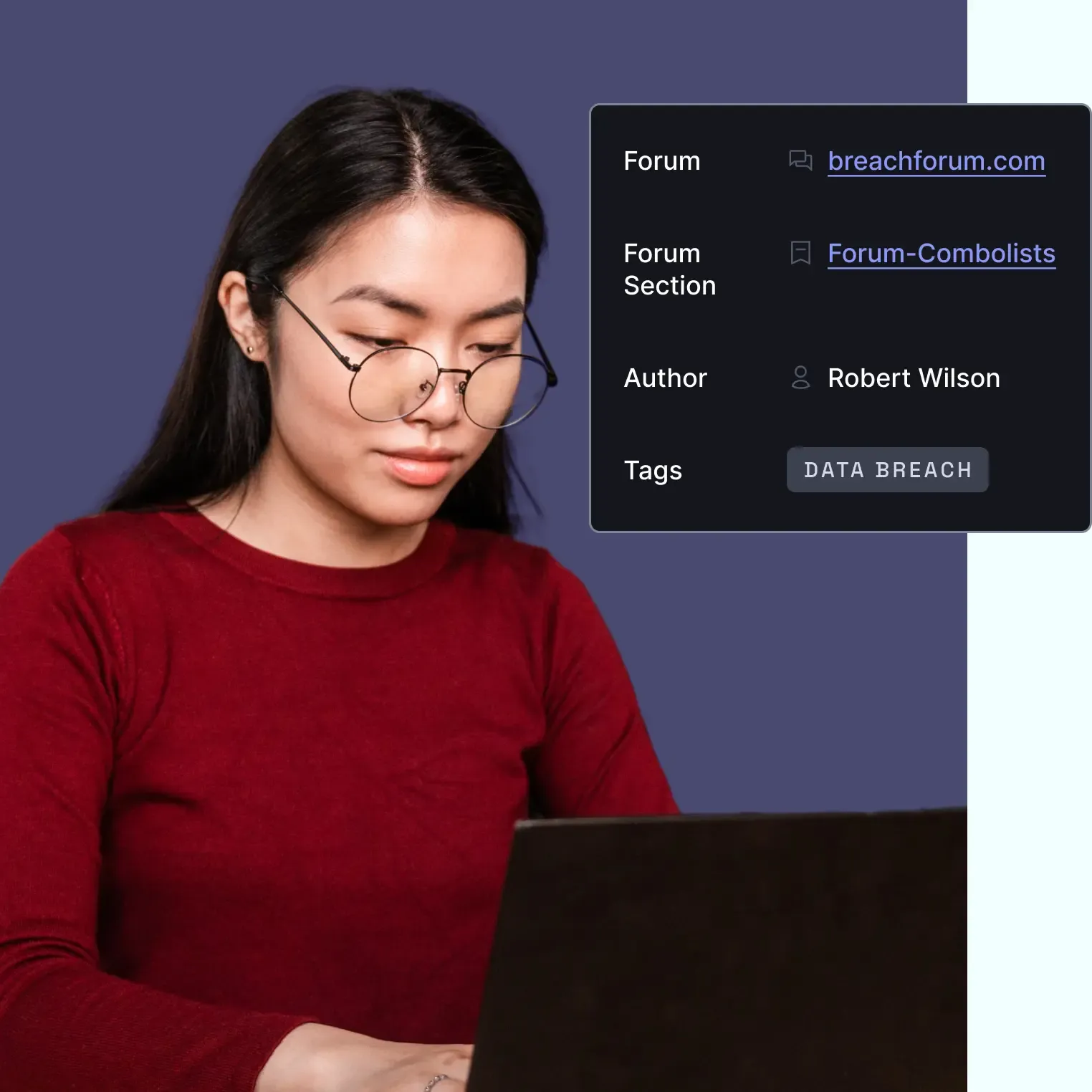 Woman on laptop reviewing data breach information on dark web monitoring