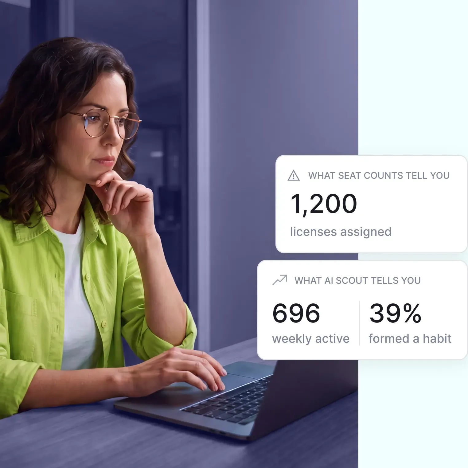 Woman reviewing software usage analytics showing 1,200 licenses and 696 weekly active users