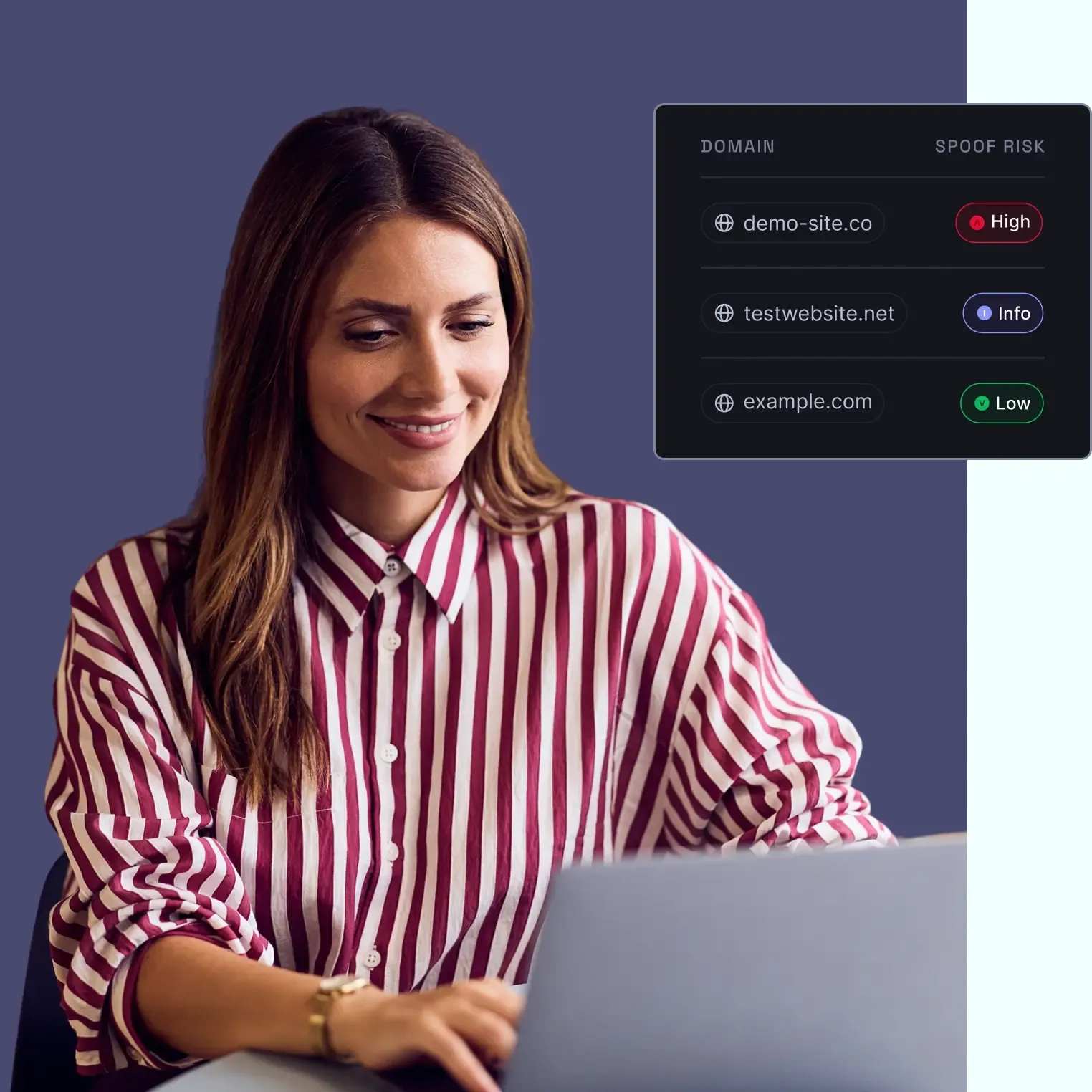 NordLayer Intelligence by NordStellar security dashboard displaying domain spoof threat levels and alerts, overlaid on photo of woman using laptop.
