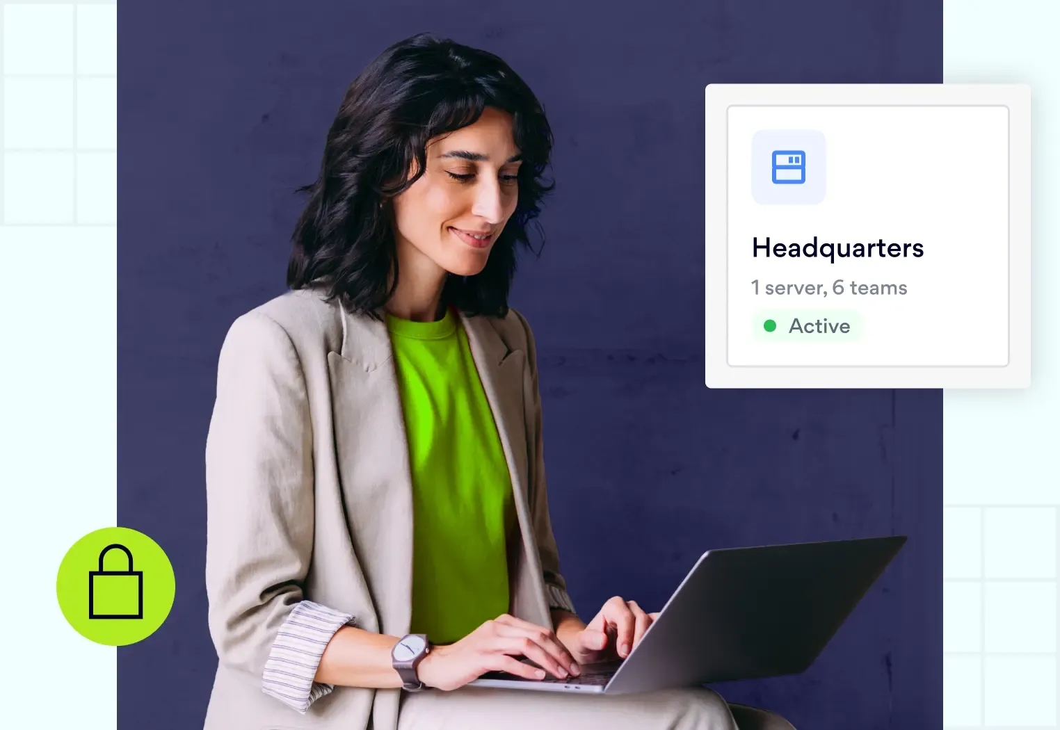 Woman using laptop; headquarters server status active
