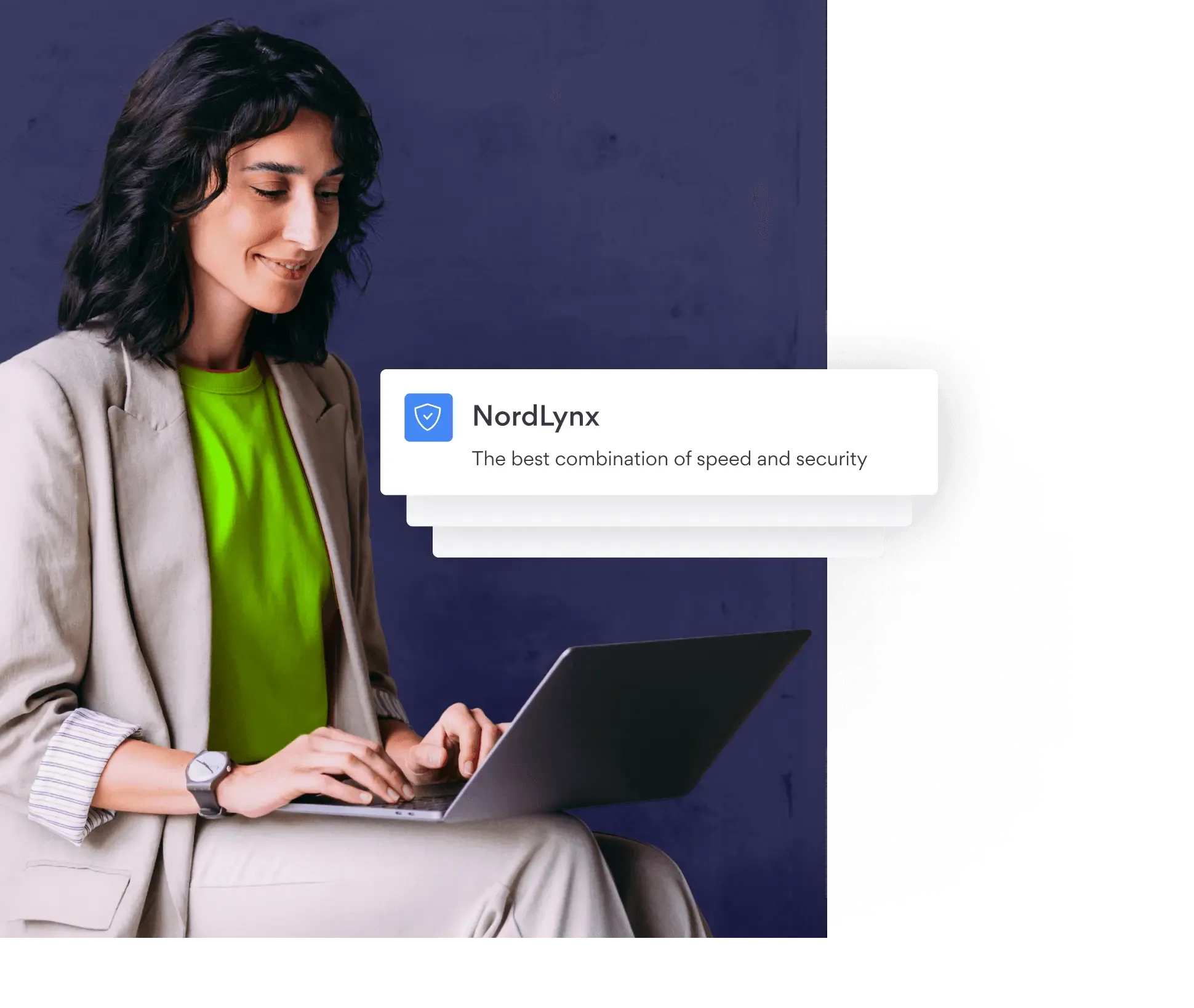 Woman using laptop with NordLynx speed and security notification.