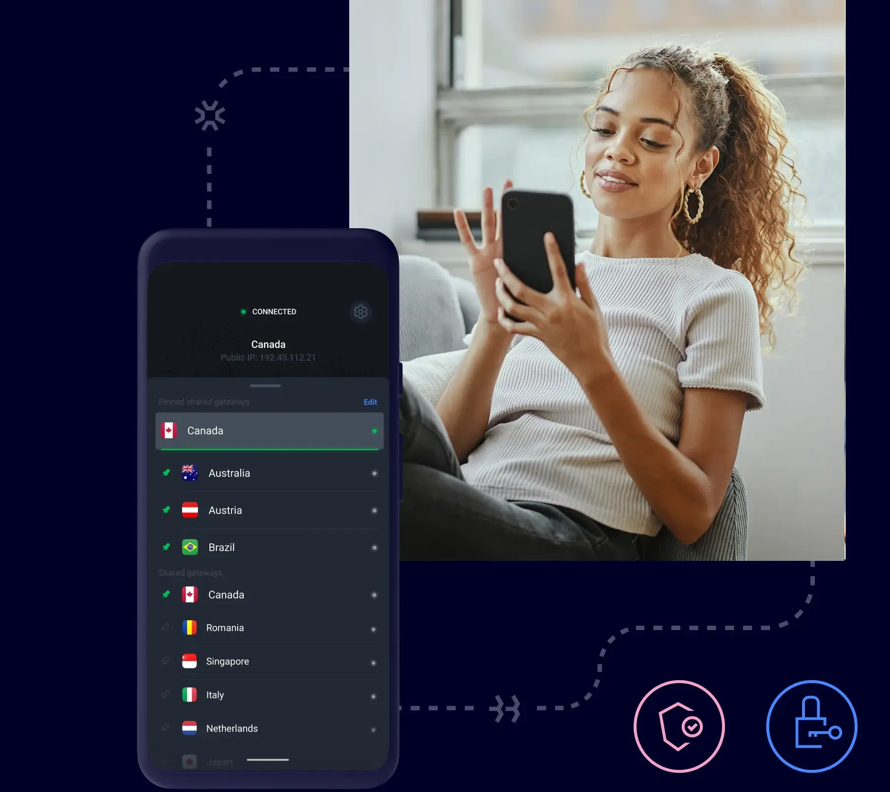 Woman using NordLayer cloud VPN on her phone