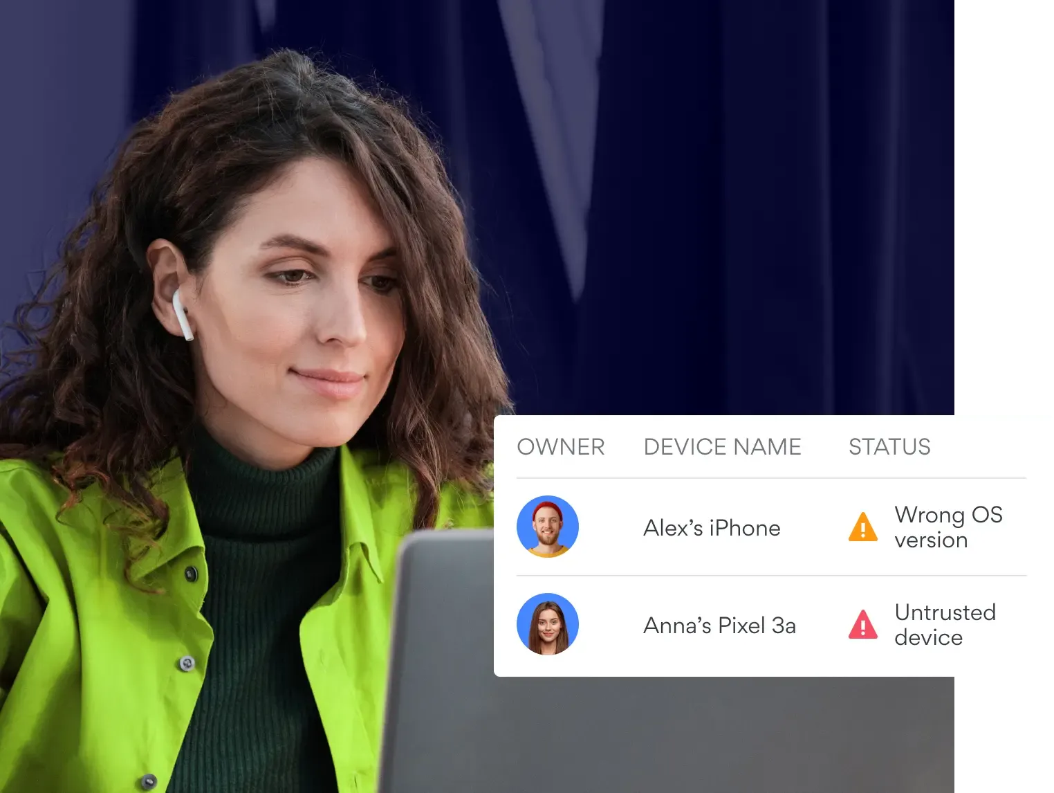 Woman with device status table showing security warnings.