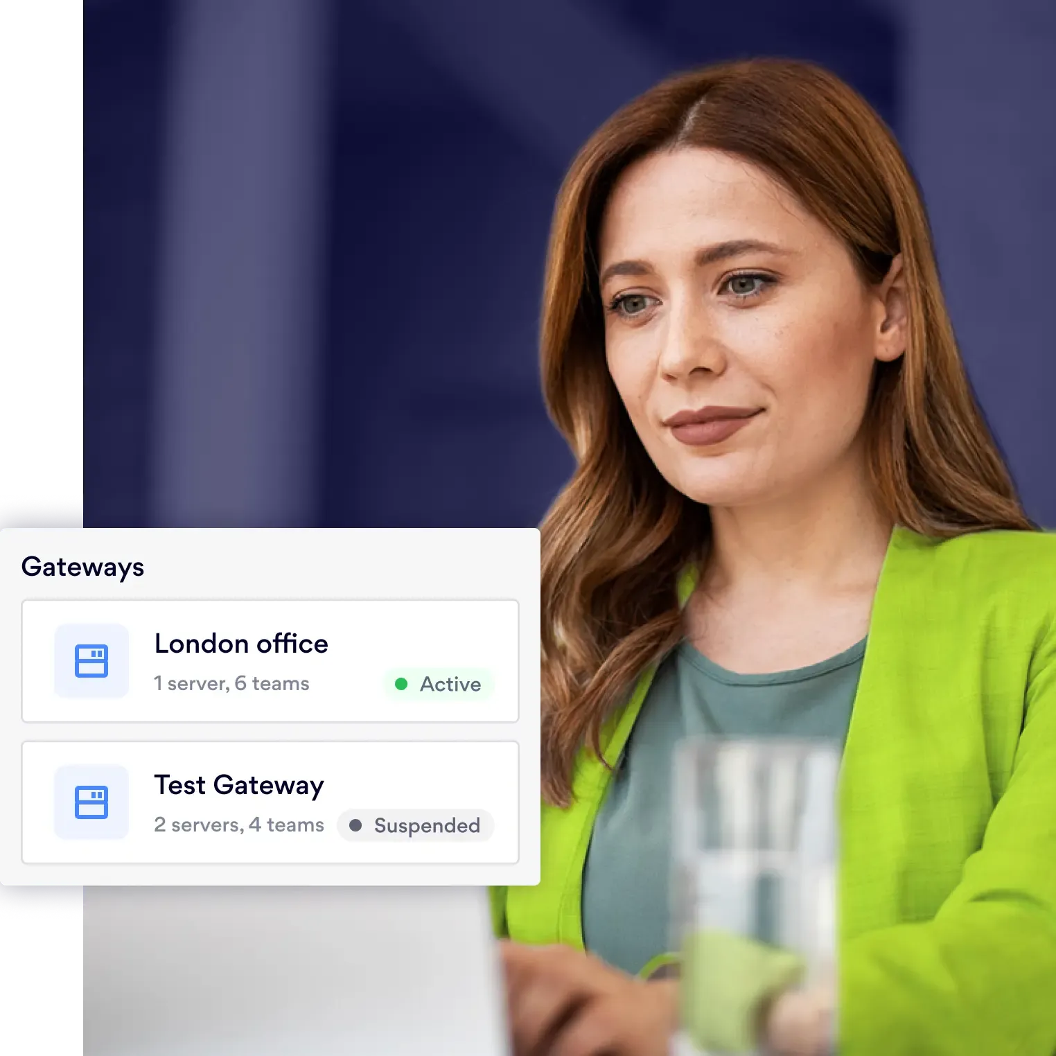 Woman with NordLayer gateway status panel.